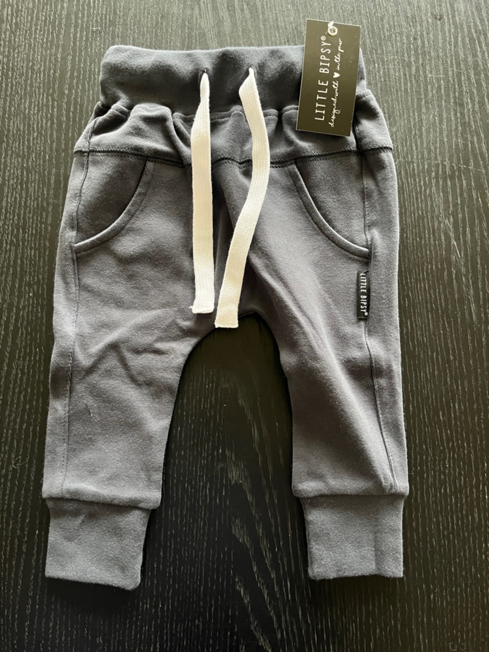 Little Bipsy Charcoal Gray Kids Jogger Pants with White Drawstring 3-6 months